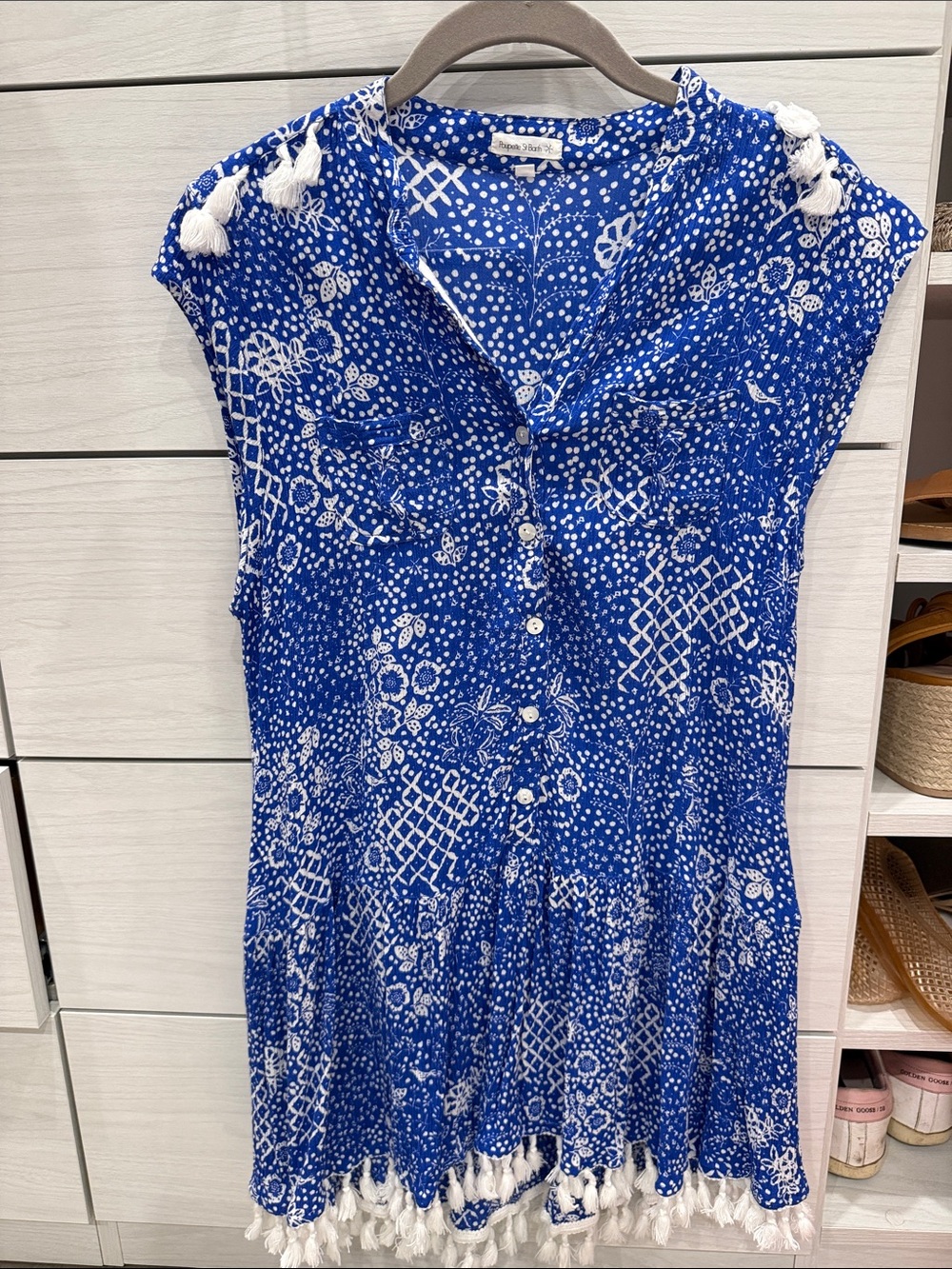 Poupette St Barth Blue and White Tassel-Trim Mini Dress